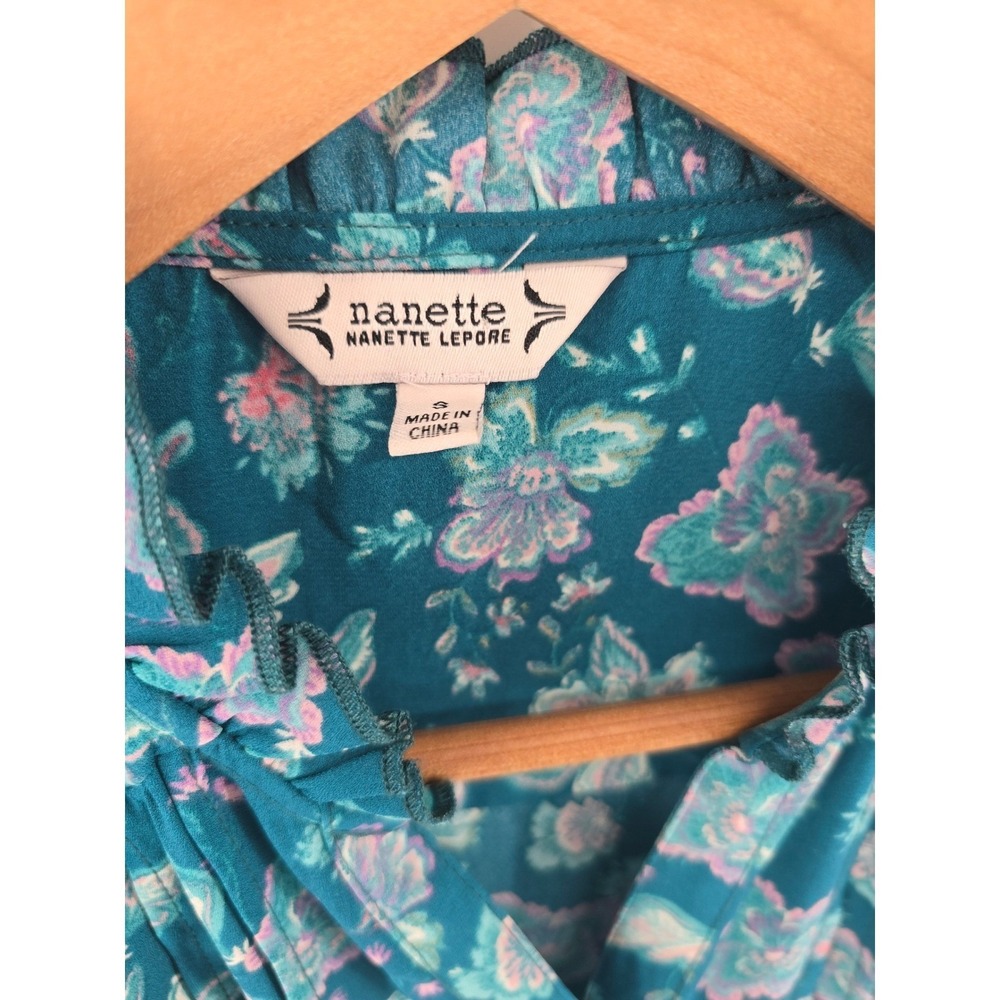 Nanette Lepore Blouse Womens Small Teal Floral Ruffle Mock Neck Pleated Long Slv - Picture 2 of 4